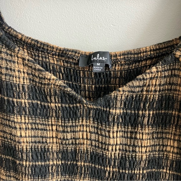 Lulus No One Cuter Black and tan plaid tiered mini dress puffed sleeves size m - Picture 6 of 9